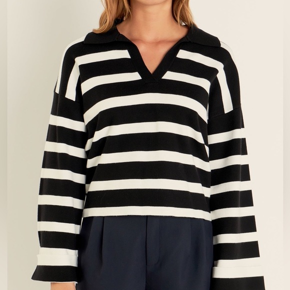 English factory STRIPED COLLARED CROPPED SWEATER black/white size medium - Picture 3 of 8